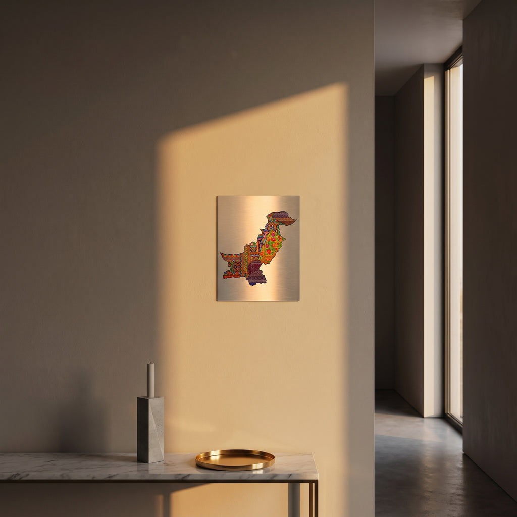 Vibrant Pakistani regional art map statement sign styled on a crisp white wall behind a minimalist home office desk setup with a laptop.
