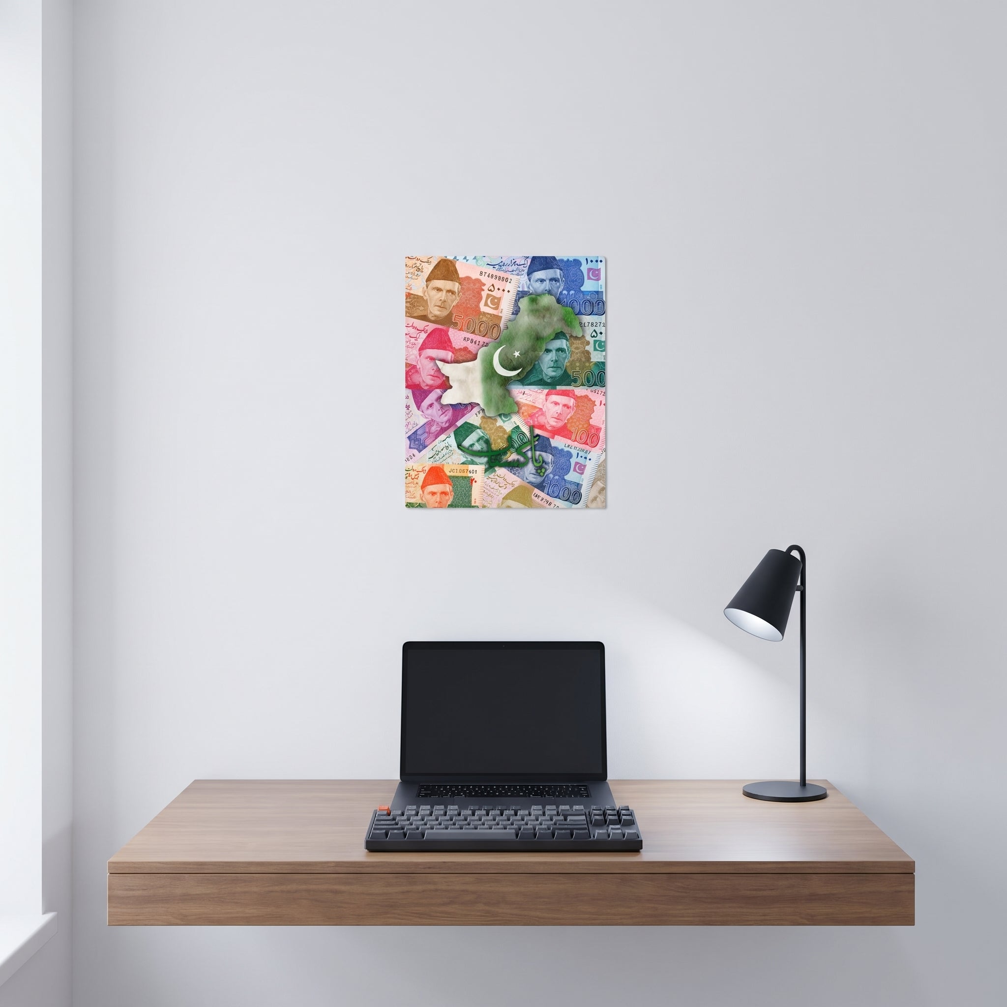 Vibrant South Asian national pride statement aluminum sign styled on a crisp white wall behind a minimalist home office desk setup with a laptop.