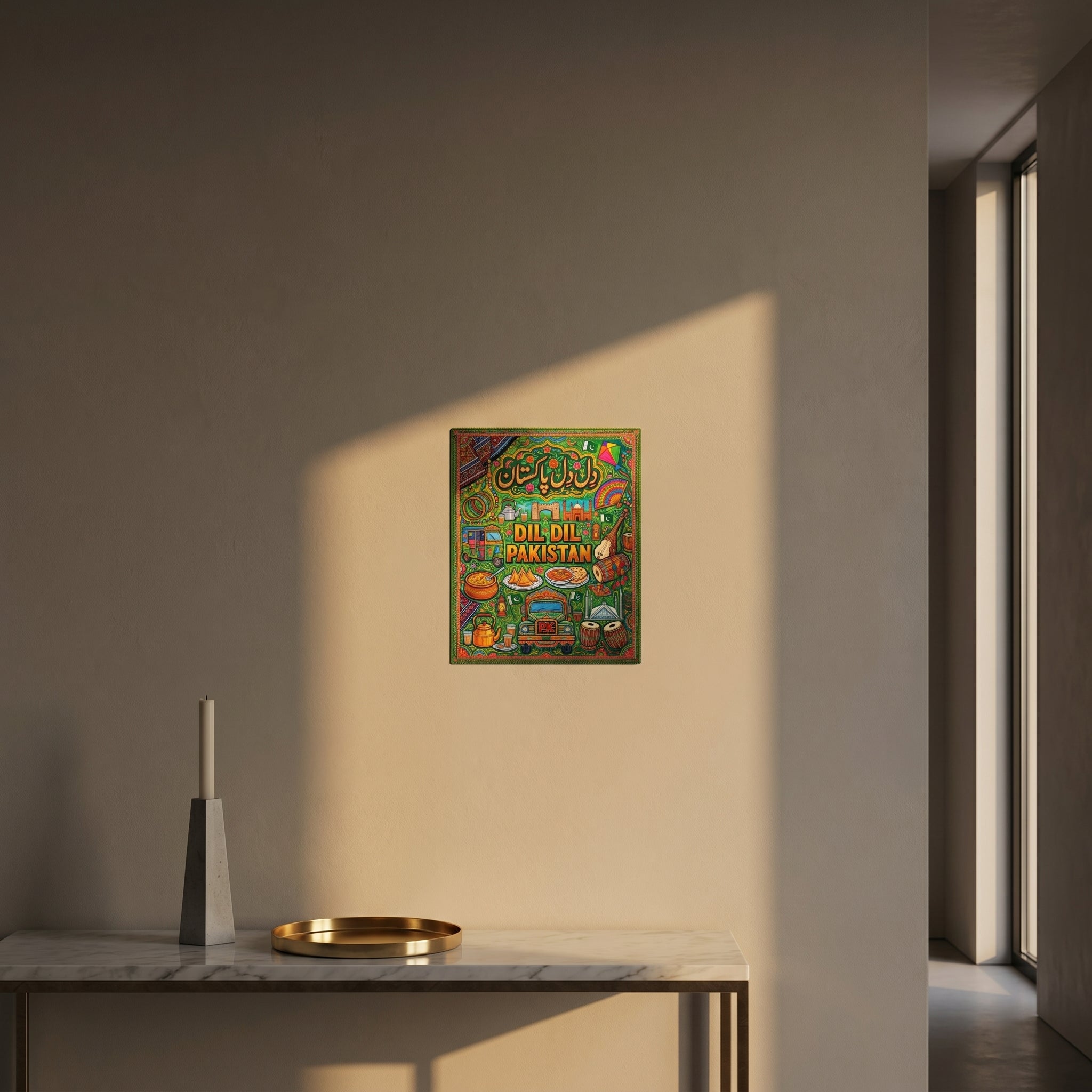 
an mTraditional style Pakistani cultural heritage art print displayed on a crisp white wall behind a minimalist home office desk setup.
etal panel styled beautifully on a modern console table catching golden window sunlight.
