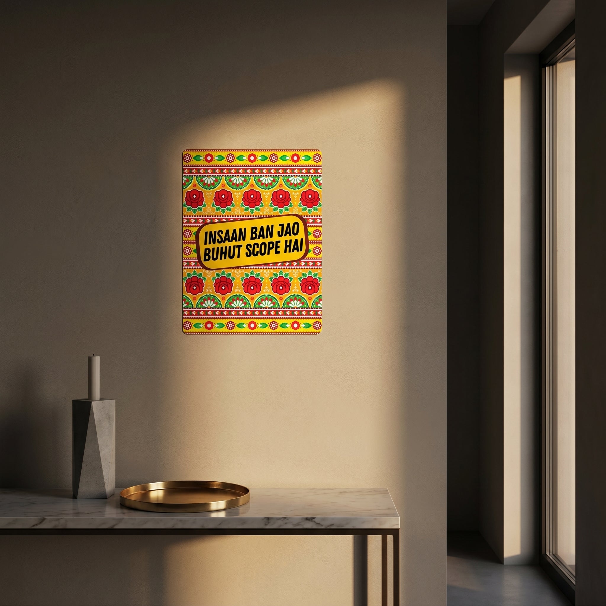 Vibrant South Asian typography art print with red roses framed neatly in a high-tech dual-monitor WFH office setup with purple desk lights