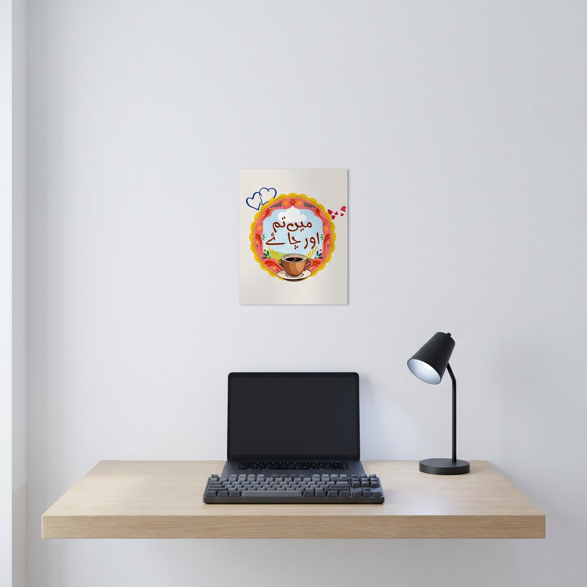 Vibrant Urdu culture poster hanging gracefully on a crisp white wall behind a clean, modern minimalist home office desk setup.
