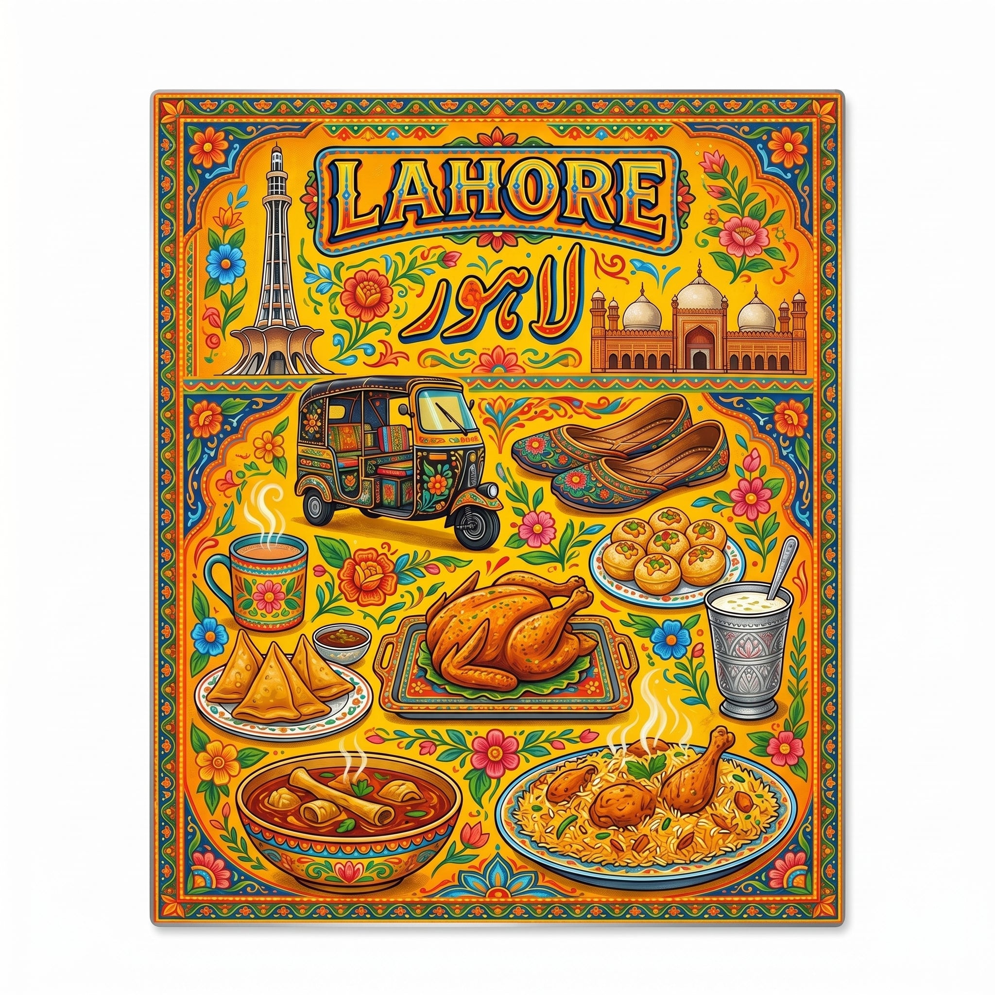 Vibrant premium Lahore Pakistani truck art poster showing food street delicacies styled beautifully on an off-white minimalist home office wall.
