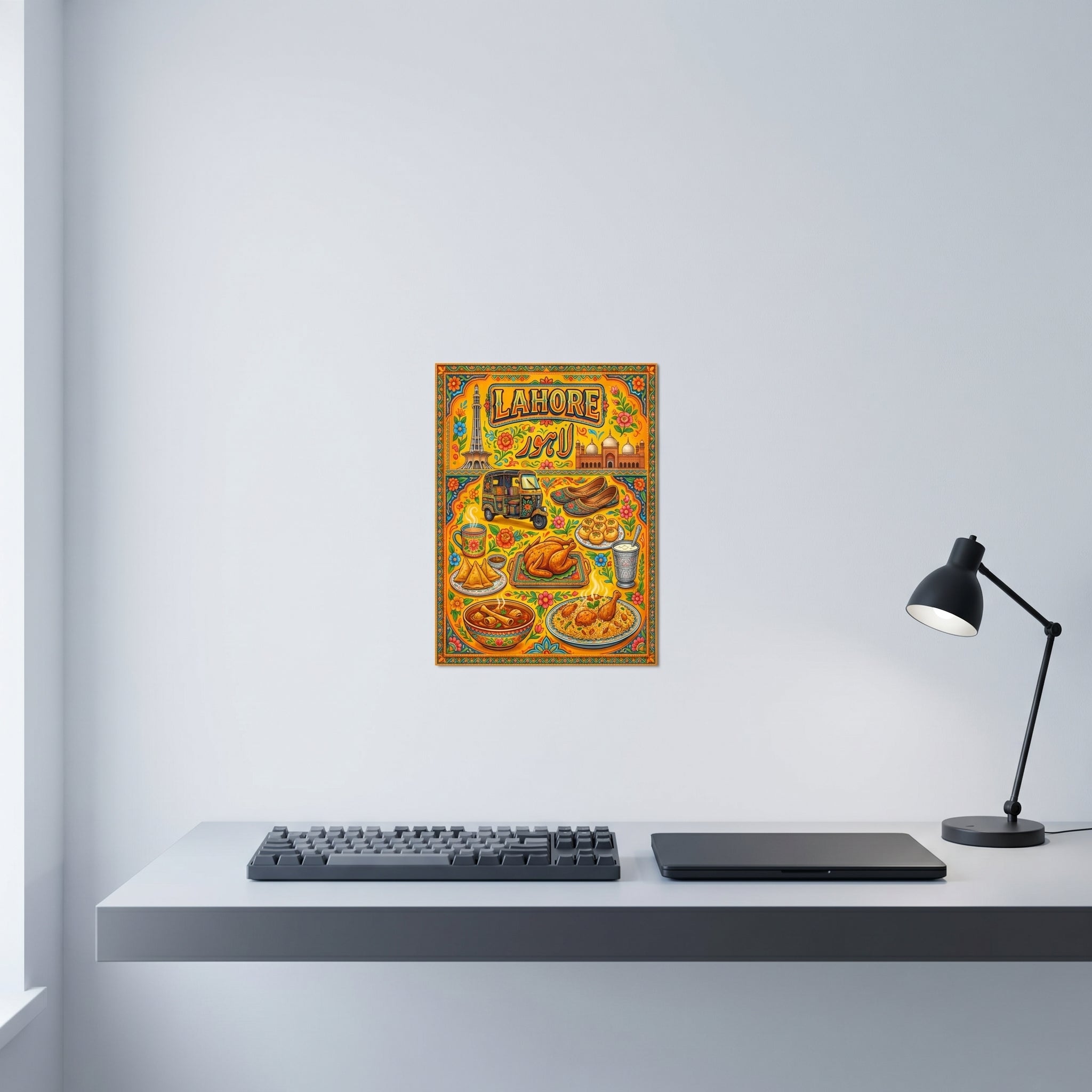 Vibrant premium Lahore Pakistani truck art poster showing food street delicacies styled beautifully on an off-white minimalist home office wall.