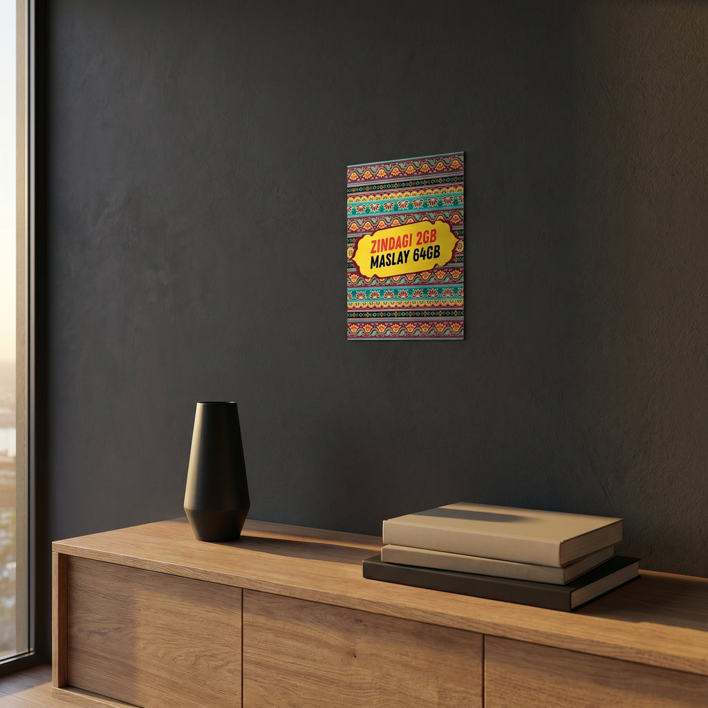 Humorous South Asian diaspora aluminum slogan sign styled on a dark grey accent wall over a modern wooden sideboard cabinet.