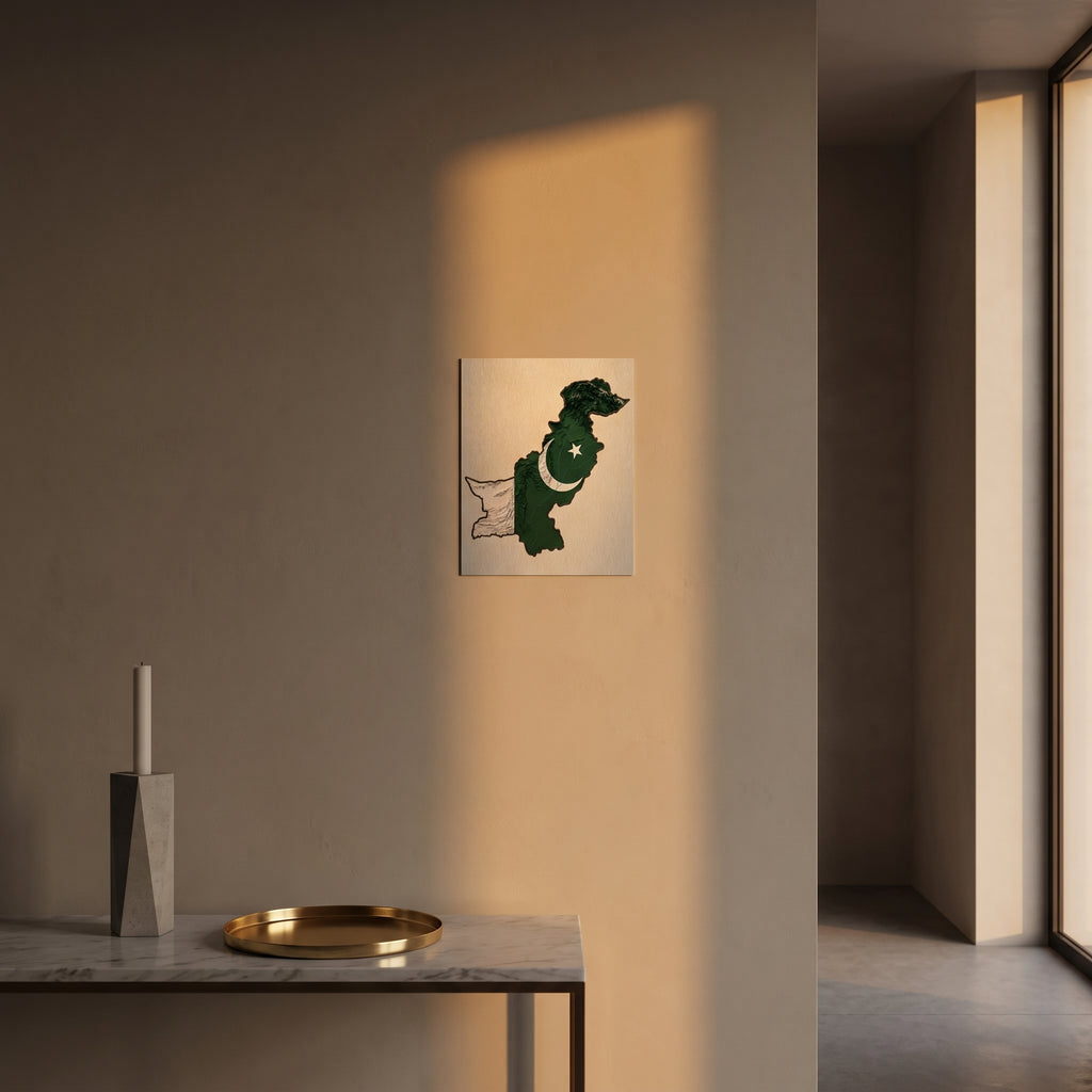 
Sleek topographic Pakistan flag heritage metal print catching warm afternoon window sunlight on a textured plaster wall above a table.
