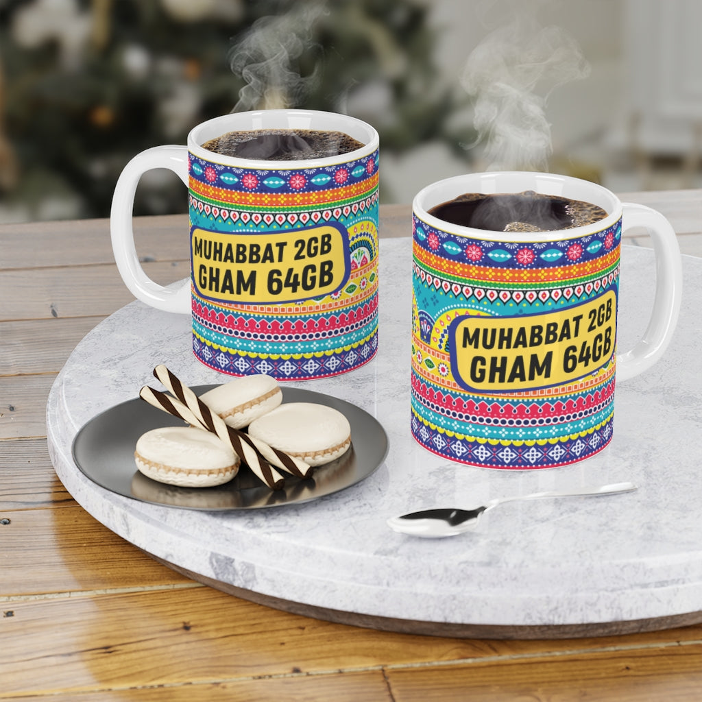 “Muhabbat 2GB Gham 64GB ceramic mug with funny desi design”

“11oz ceramic coffee cup with quirky tech humor”

“Funny desi saying mug for coffee and tea lovers”

“Unique gift mug with cultural and tech-inspired design”

“Durable 11oz ceramic mug with humorous desi quote”