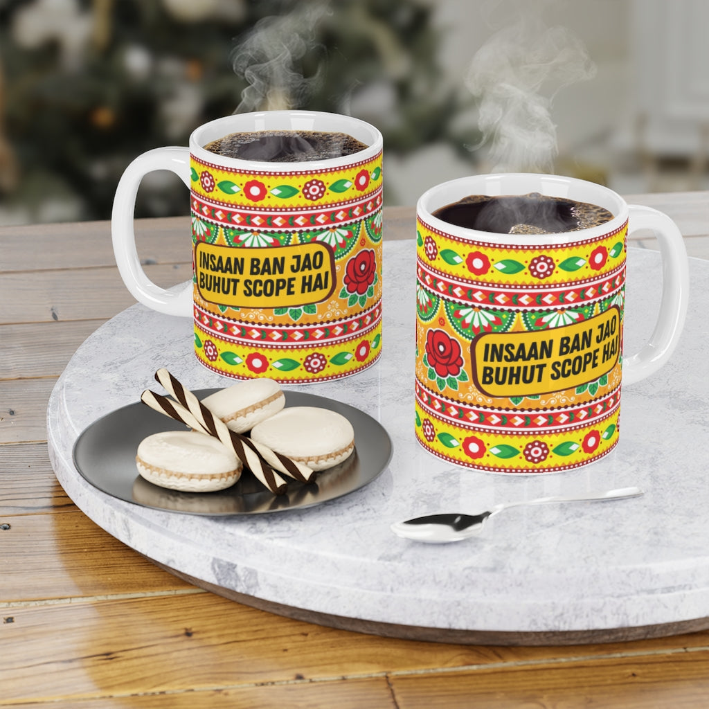 “Insaan Ban Jao Buhut Scope Hai ceramic coffee mug with funny desi quote”

“11oz ceramic cultural mug for coffee and tea lovers”

“Quirky desi humor mug gift for friends and family”

“Durable ceramic coffee cup with bold desi saying”

“Funny 11oz ceramic mug with unique cultural design”