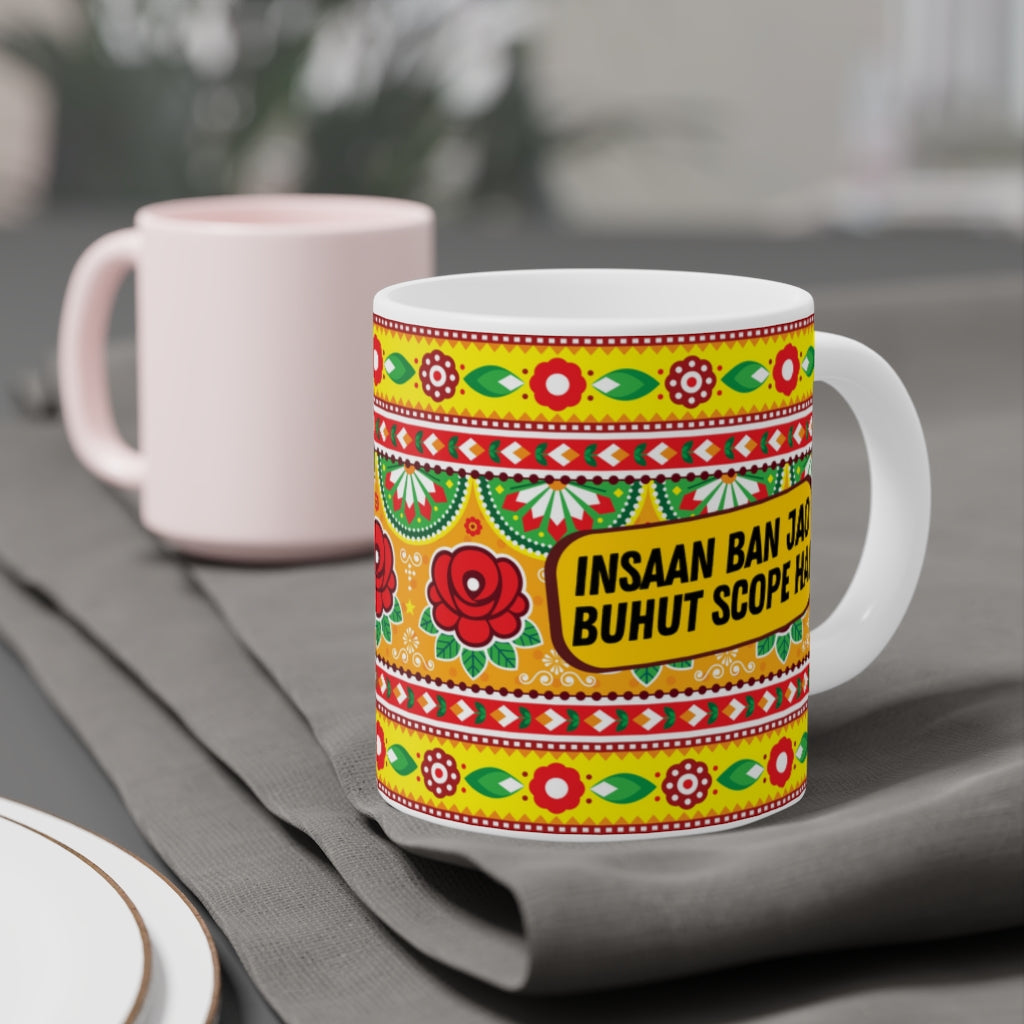 “Insaan Ban Jao Buhut Scope Hai ceramic coffee mug with funny desi quote”

“11oz ceramic cultural mug for coffee and tea lovers”

“Quirky desi humor mug gift for friends and family”

“Durable ceramic coffee cup with bold desi saying”

“Funny 11oz ceramic mug with unique cultural design”